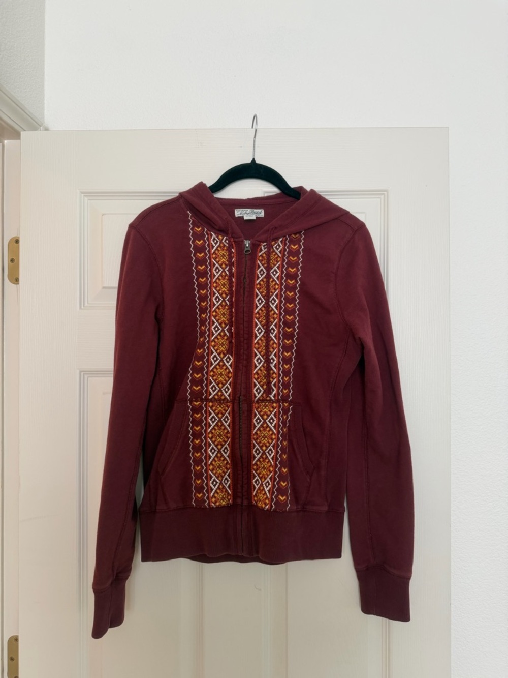 Lucky Brand Maroon Zip Hoodie with Embroidered Panel